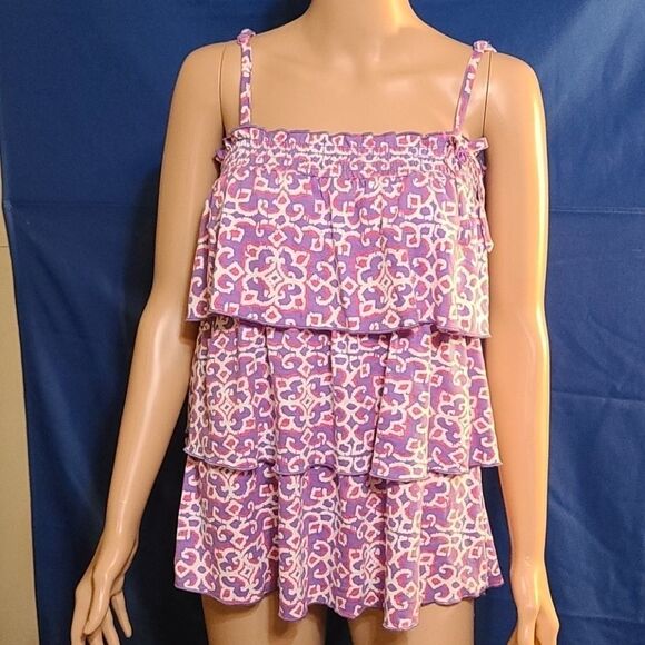 Joe Boxer 3 Tier Ruffle Purple Kaleidoscope Tub Top - Picture 2 of 10